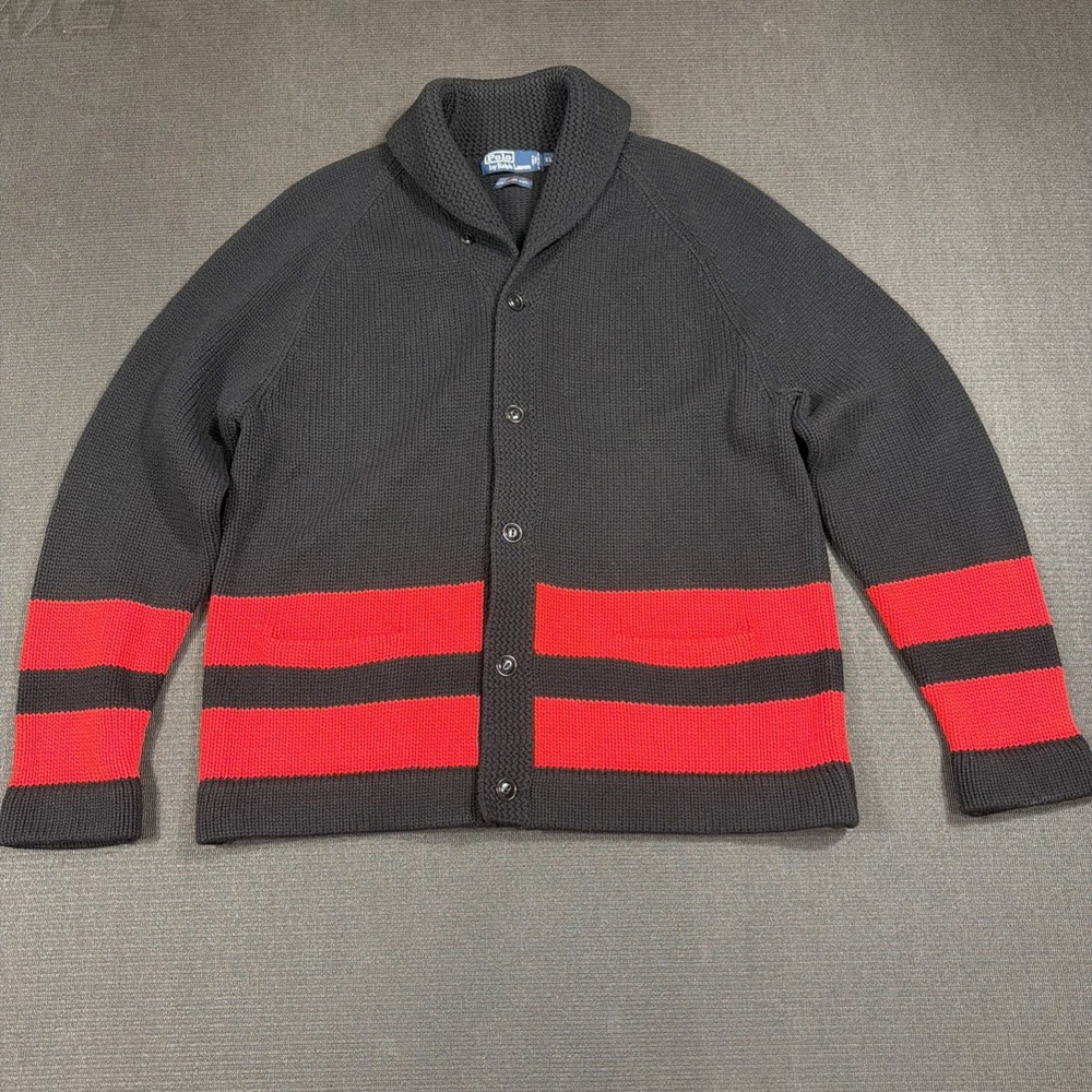 Vintage Polo Ralph Lauren Men's XL Black And Red Shawl Collar Button Up Sweater‎